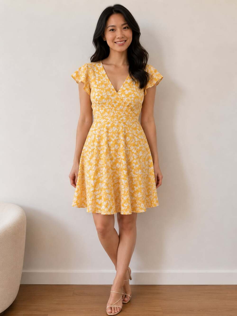MSBASIC Women's Floral Print V-Neck Wrap Dress Size L